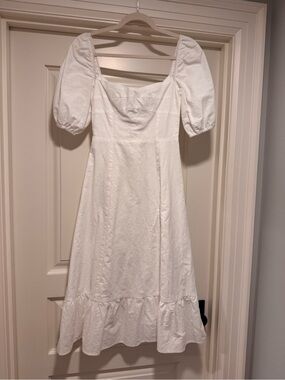 Few Moda OPT White Linen Puff-Sleeve Square-Neck Midi Dress